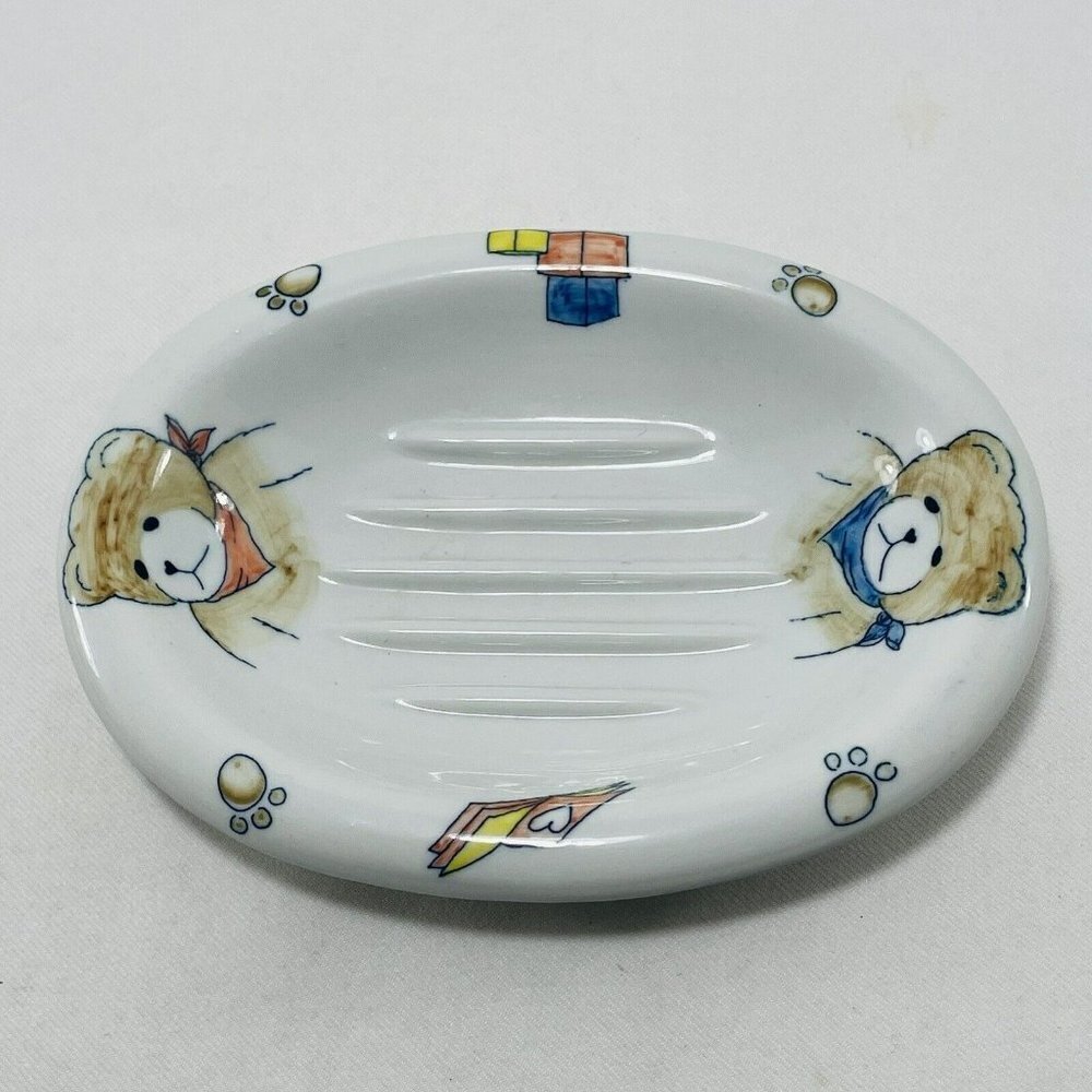 Andrea Sadek Bar Soap Dish Holder Teddy Bear Ceramic Bowl Container Anti Slip